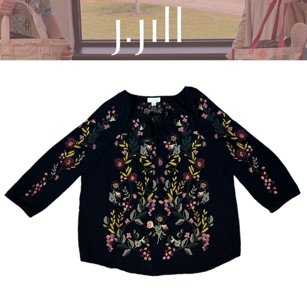 J.JILL FLORAL 3/4 SLEEVE BOHO FLORAL EMBROIDERED PEASANT BLOUSE